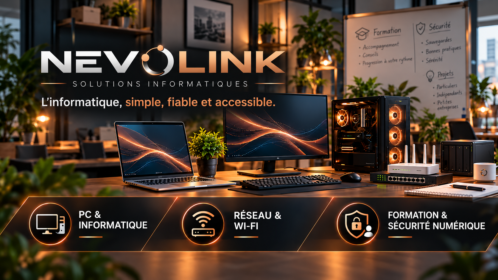 L’univers Nevolink : PC et informatique, réseau et Wi-Fi, formation et sécurité numérique.